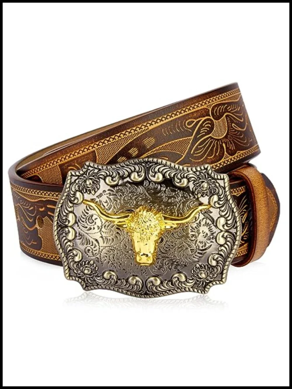Men's Western Cowhide Leather Belt with Embossed Pattern and Gold Bull Head